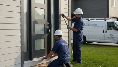 Technician repairing vinyl door frame on home exterior in Cincinnati, OH