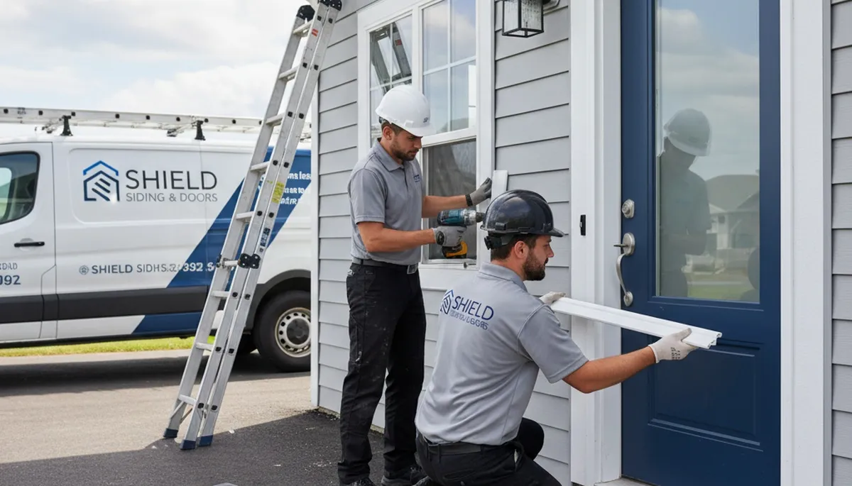Technician repairing residential door frame with vinyl siding in Cincinnati, OH home exterior