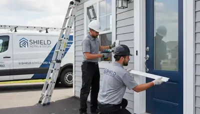 Technician repairing residential door frame with vinyl siding in Cincinnati, OH home exterior