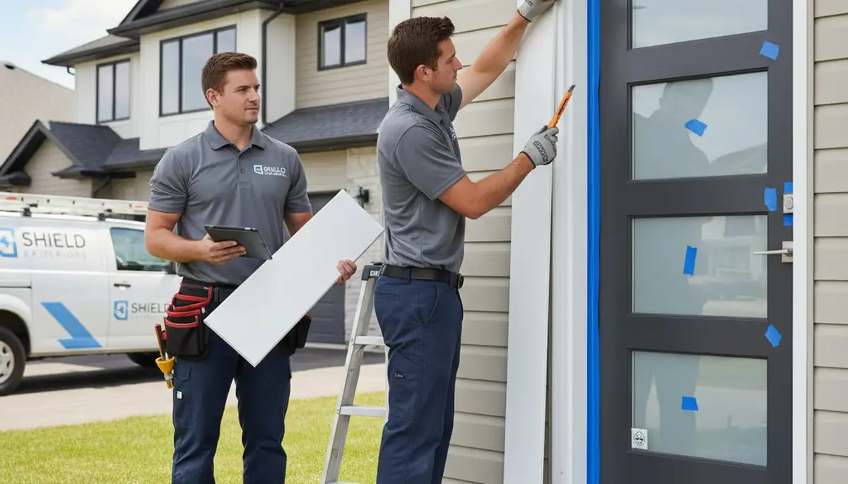 Technician repairing vinyl door frame with siding damage in Cincinnati, OH home exterior