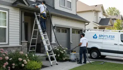 Technician cleaning residential gutters on vinyl siding home in Cincinnati, OH