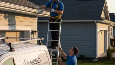 Technician performing gutter inspection on vinyl siding home in Cincinnati, OH