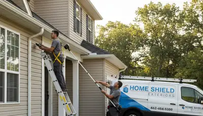 Technician performing gutter inspection on vinyl siding home in Cincinnati, OH