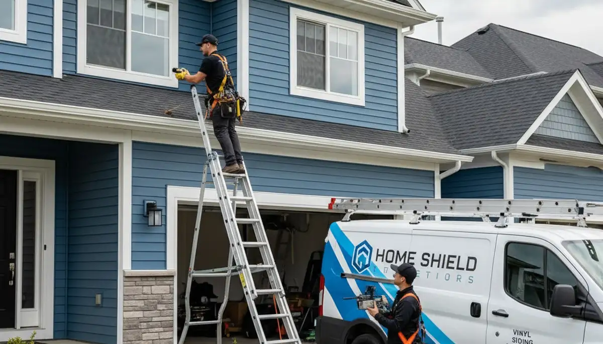 Technician performing gutter inspection on vinyl siding home in Cincinnati, Ohio