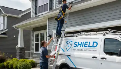 Technician performing gutter repair on home with vinyl siding in Cincinnati, OH