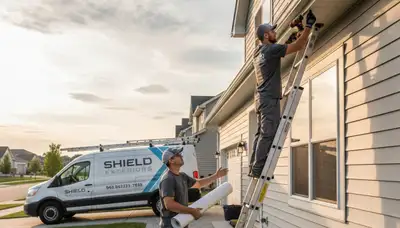 Technician repairing house gutters and vinyl siding in Cincinnati, OH for Next Level Exteriors