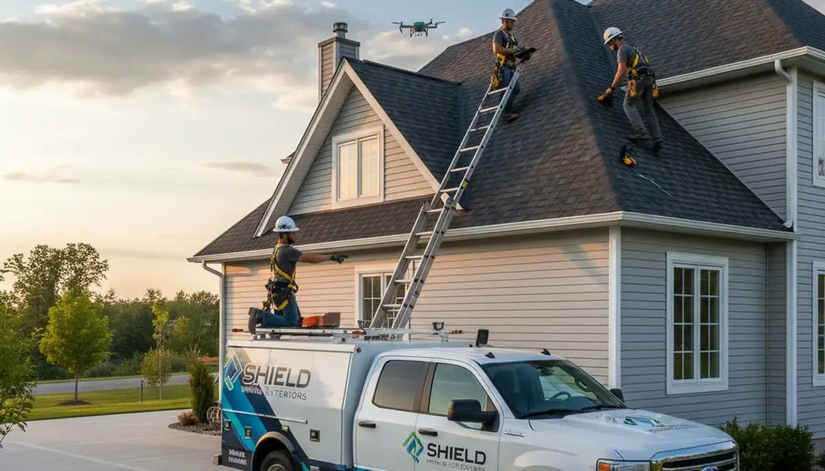 Roof inspection expert checking shingles and vinyl siding in Cincinnati, OH home exterior