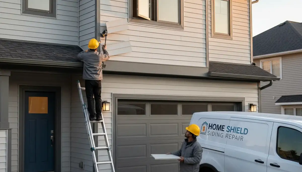 Technician repairing vinyl siding on home exterior in Cincinnati, OH