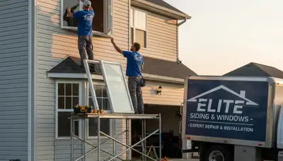 Technician repairing vinyl window frame at Cincinnati, OH home for Next Level Exteriors