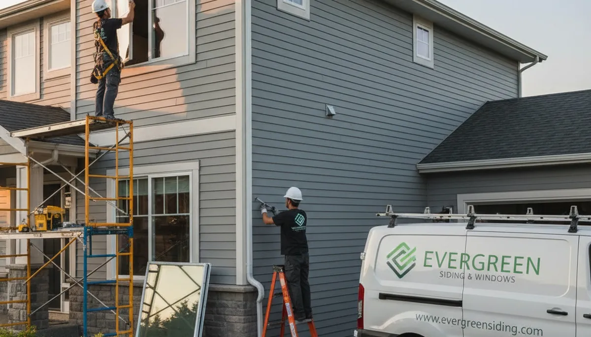 Technician repairing vinyl siding and windows on home exterior in Cincinnati, OH