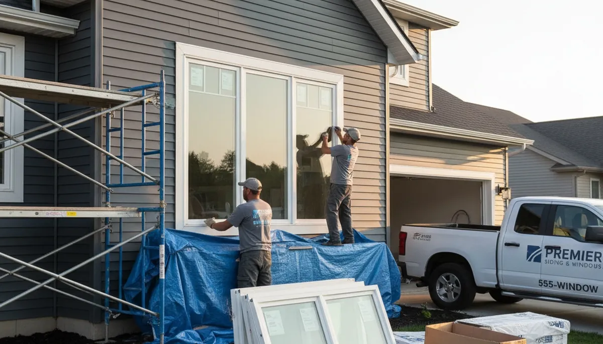 Technician installing energy-efficient replacement windows in Cincinnati, OH home exterior
