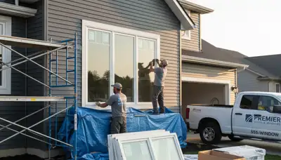 Technician installing energy-efficient replacement windows in Cincinnati, OH home exterior