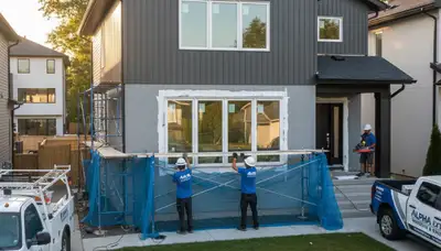 Technician installing energy-efficient vinyl windows in Cincinnati, OH home exterior