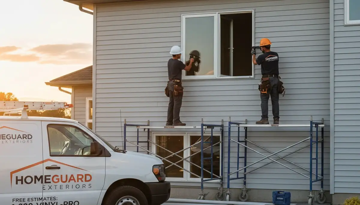 Technician installing energy-efficient vinyl windows at Cincinnati, OH home exterior renovation